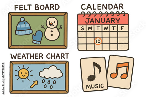 Winter Classroom Doodle Set. Preschool classroom winter circle time doodle set: hand drawn icons for felt board, calendar, weather