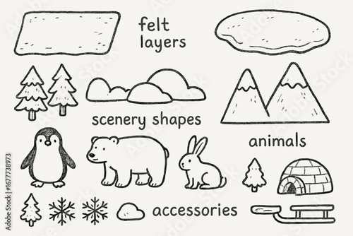 Snowy Play Mat Icons. Snow-themed play mat doodle set: hand drawn icons for felt layers, scenery shapes, animals, and accessories,