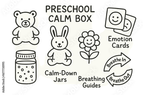 Calm Box Doodle Set. Preschool calm box doodle set: hand drawn icons for soft toys, emotion cards, calm-down jars, and breathing