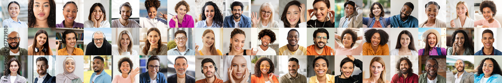 Fototapeta premium A collection of joyful faces from various backgrounds, showcasing a mix of cultures and lifestyles. Each individual expresses happiness and togetherness in this vivid portrait tapestry.