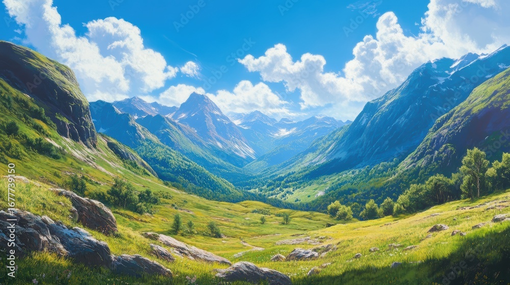 Fototapeta premium A scenic valley with lush greenery, majestic mountains, and a bright blue sky, capturing the beauty of nature in a serene landscape.