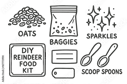DIY Reindeer Food Kit. DIY reindeer food kit doodle set: hand drawn icons for oats, sparkles, baggies, labels, and scoop spoons,
