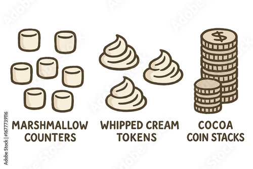 Cocoa Math Doodles. Cocoa-themed math manipulatives doodle set: hand drawn icons for marshmallow counters, whipped cream tokens,