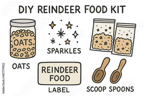 DIY Reindeer Food Kit. DIY reindeer food kit doodle set: hand drawn icons for oats, sparkles, baggies, labels, and scoop spoons,
