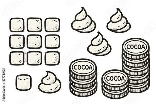 Cocoa Math Doodles. Cocoa-themed math manipulatives doodle set: hand drawn icons for marshmallow counters, whipped cream tokens,