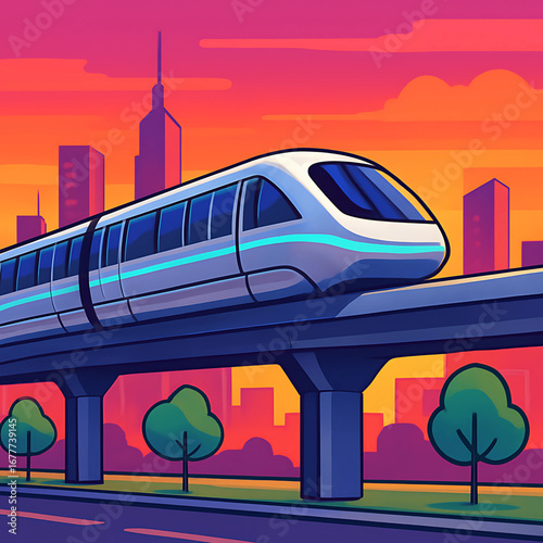 Futuristic Train Journey A Monorail Adventure Through a Vibrant Cityscape