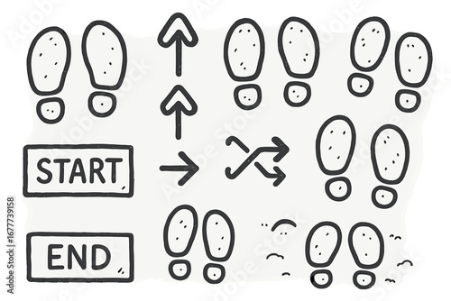 DIY Snowy Footprint Game. DIY snowy footprint game doodle set: hand drawn icons for cutout feet, step guides, start and end signs,