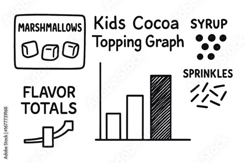 Kids Cocoa Doodle Set. Kids cocoa topping graph activity doodle set: hand drawn icons for marshmallow bars, syrup dots, sprinkle