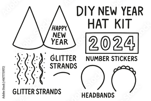 DIY New Year Hat Kit. DIY New Year hat kit doodle set: hand drawn icons for cone shapes, number stickers, glitter strands, and