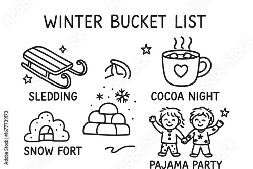 Winter Family Activities. Printable winter bucket list for families doodle set: hand drawn icons for sledding, cocoa night, snow