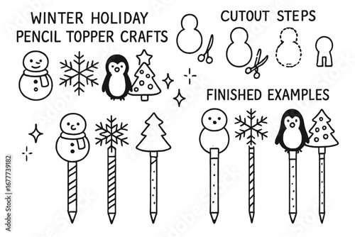 Winter Pencil Toppers. Winter holiday pencil topper crafts doodle set: hand drawn icons for shaped toppers, cutout steps, sparkle