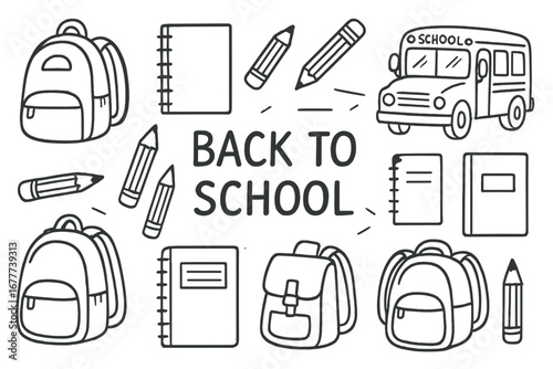 Back-to-School Doodle Set. Back to school supplies doodle set: hand drawn icons for backpacks, pencils, notebooks, and school