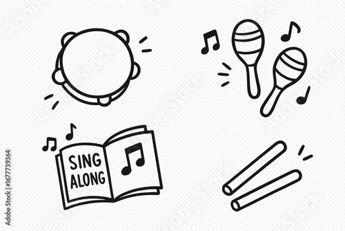 Children's Music Doodle Set. Children’s music time doodle set: hand drawn icons for tambourines, maracas, sing-along books, and
