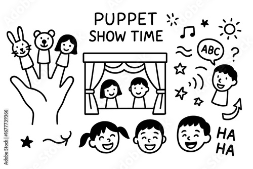 Puppet Show Doodle. Puppet show time doodle set: hand drawn icons for finger puppets, curtain stage, storytelling icons, and