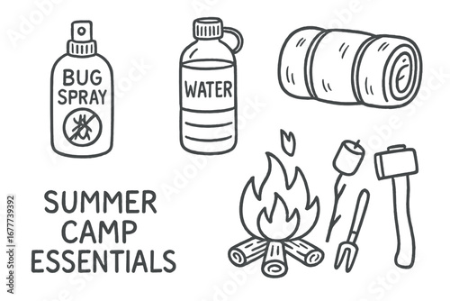 Summer Camp Essentials Icons. Summer camp essentials doodle set: hand drawn icons for bug spray, water bottle, sleeping bag, and