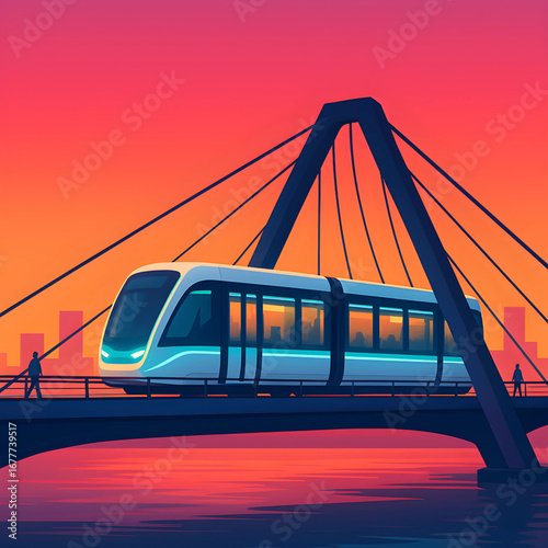 Modern tram gliding across a bridge at sunset with a vibrant orange and purple sky
