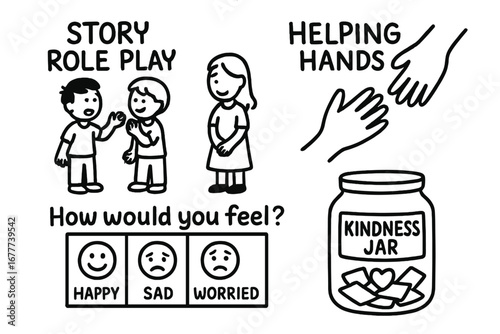 Empathy Teaching Doodle Set. Teaching empathy to children doodle set: hand drawn icons for story role play, helping hands, “how
