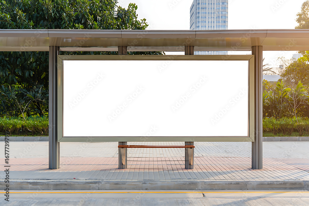 Fototapeta premium An empty white advertisement billboard mockup is prominently featured at a public bus stop, ready for your message in a vibrant urban environment.
