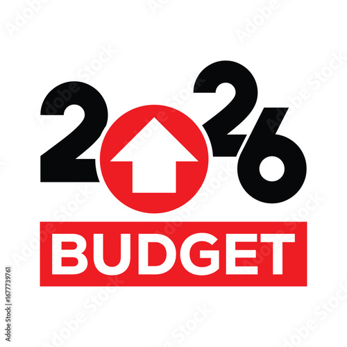 Modern graphic design of "2026 BUDGET" with bold rounded numbers, red upward bar graph in digits, and bold sans-serif text. Clean black, white, and red style, ideal for finance themes.