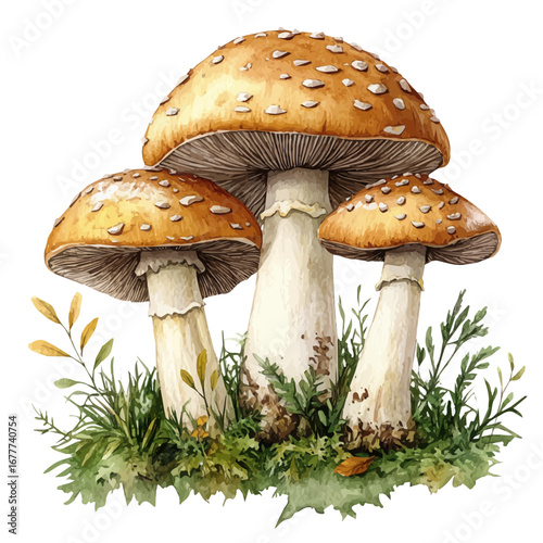 watercolor of Forest Mushrooms, vector, isolated on a white background.