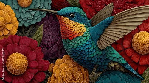 Wallpaper Mural   Colorful hummingbird on vibrant floral branch against backdrop of red, yellow, blue blossoms Torontodigital.ca