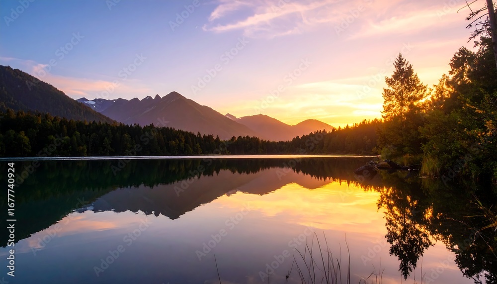 Fototapeta premium A serene lake at sunrise, reflecting a vibrant mountain range in a calm and peaceful setting.