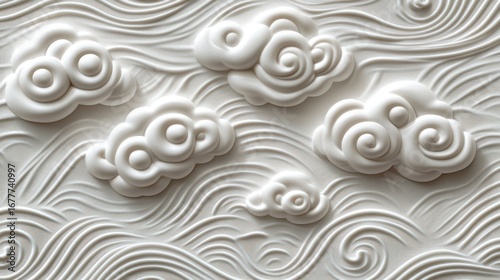 Embossed white clouds float atop wavy lines, creating a textured, serene pattern