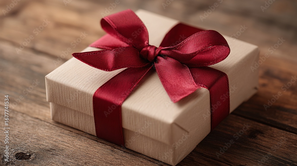 Obraz premium Gift wrapped in paper box with crimson ribbon and bow sitting on a wooden surface. Perfect for celebration of anniversary or any special event.