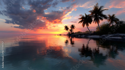 A tropical coastline with calm waters, palm trees, ad a beautiful sunset castig vibrant colors across th sky.