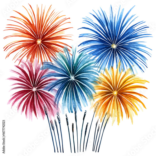 watercolor of Fireworks Summer Celebration Night, vector, isolated on a white background.