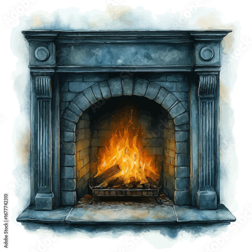 Fireplace Glowing Warmth, watercolor painting vector, isolated on a white background.