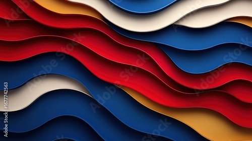 Flowing layers of blue, red, beige, and gold in undulating waves