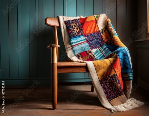 patchwork quilt draped over a wooden chair