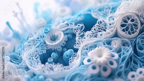 An abstract macro view of complex, paper-like, swirling textures in light blue and white
