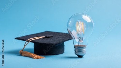A graduation cap sits beside a glowing light bulb, representing innovation and the journey of learning. The serene blue background enhances the focus on these symbols of achievement.