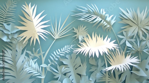 White paper cutout tropical plants against light blue backdrop, delicate shadows