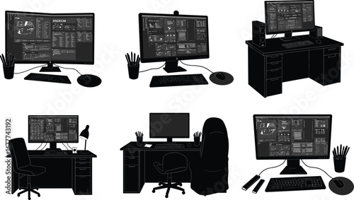 Computer workstations, office desks, technology setup, software interface, business workspace, creative desk, professional equipment, workplace organization, digital tools, vector illustration
