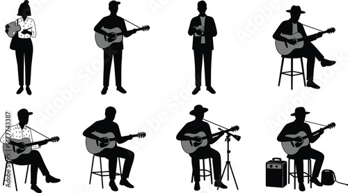 Guitar player silhouette, ukulele musician, acoustic performance, live music, concert scene, folk artist, stage show, musical talent, entertainment art, flat vector illustration