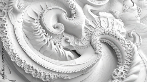 Intricate white fractal spirals form abstract, detailed patterns, flowing textures