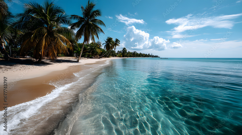 Fototapeta premium A tropical paradise with cear waters, palm trees, an bright blue skies above te golden sandy beach.