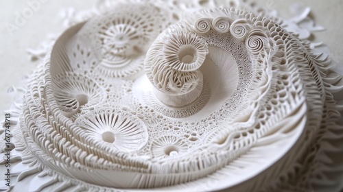 Intricate white paper art with spiral designs, patterns, and delicate details