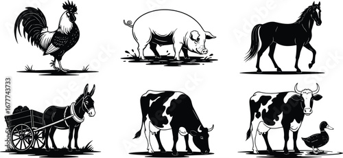 Rooster, pig, horse, donkey with cart, cow, duck, farm animals, rural livestock, agriculture scene, countryside life, flat vector illustration, black and white art
