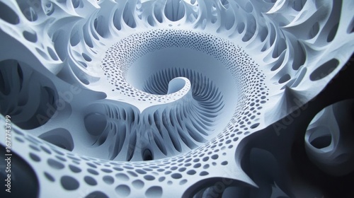 White, abstract spiraling tunnel with porous surface and swirling depth
