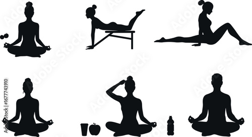 Yoga poses, meditation, fitness training, healthy lifestyle, stretching, mindfulness, wellness, exercise, relaxation, balance, gym workout, self care, hydration, nutrition, flat vector illustration
