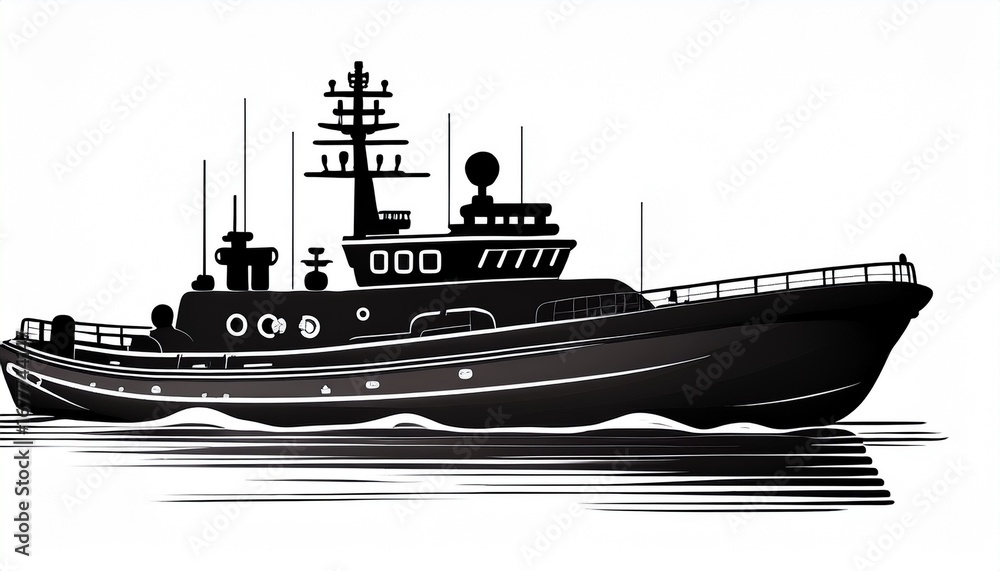 Obraz premium silhouette of patrol boat on white background perfect for marine themes patrol boat is black on clean white backdrop simple and modern isolated patrol boat for nautical designs layouts