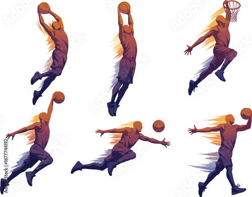 Basketball vector illustration set, slam dunk poses, motion trail effects, athletic silhouettes, sports action, dynamic energy, competitive game artwork