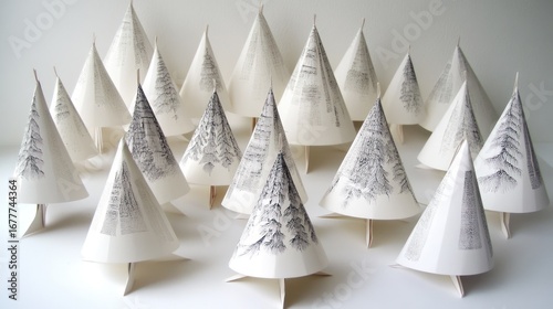 Handmade paper forest of cone-shaped trees with printed forest scenes