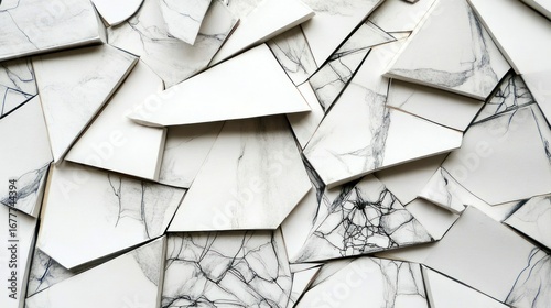 Close-up of shattered white porcelain tiles with grey veining, arranged chaotically