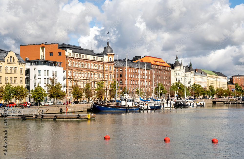 Obraz premium View of central Helsinki capital of Finland with marina full of boats and yachts