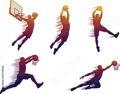 Basketball vector illustration set, slam dunk poses, motion trail silhouettes, athletic action, sports energy, dynamic movement, competitive game artwork